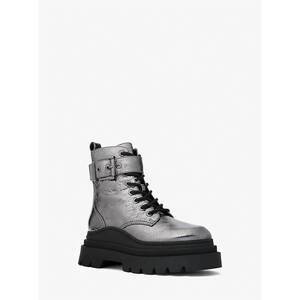 NEW MICHAEL KORS women's colby crackled metallic leather combat boots in silver